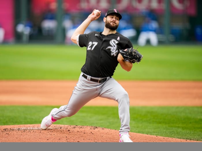 May 9, 2021; Kansas City, Missouri, USA; Chicago White Sox starting pitcher Lucas Giolito (27) pitches against the Kansas City Royals during the first inning at Kauffman Stadium.